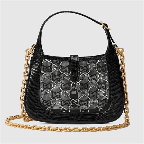 gucci jackie mini black crystal|Gucci Lizard Mesh Crystal GG Monogram Mini Jackie 1961 Hobo .